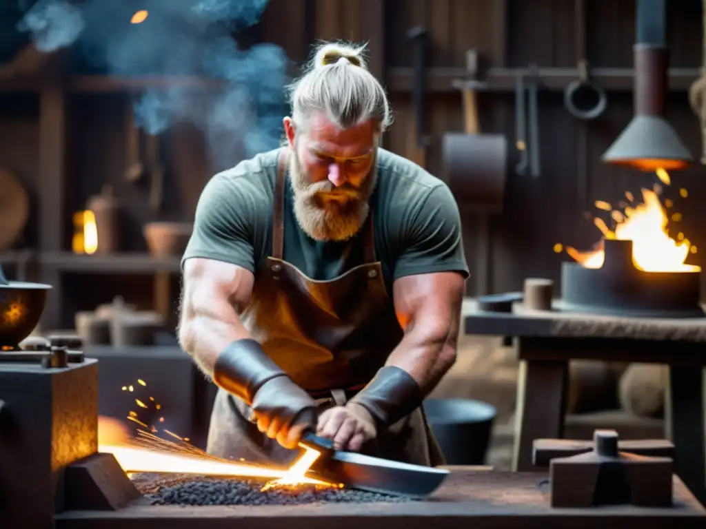 Un herrero vikingo forja una espada en su taller, rodeado de herramientas y diseños de metal