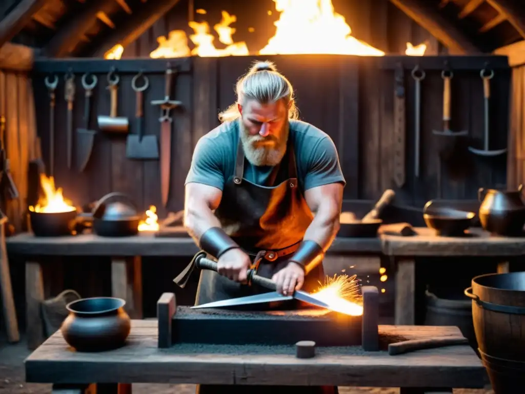 Un herrero vikingo forja una espada en un taller lleno de humo, rodeado de herramientas y armas