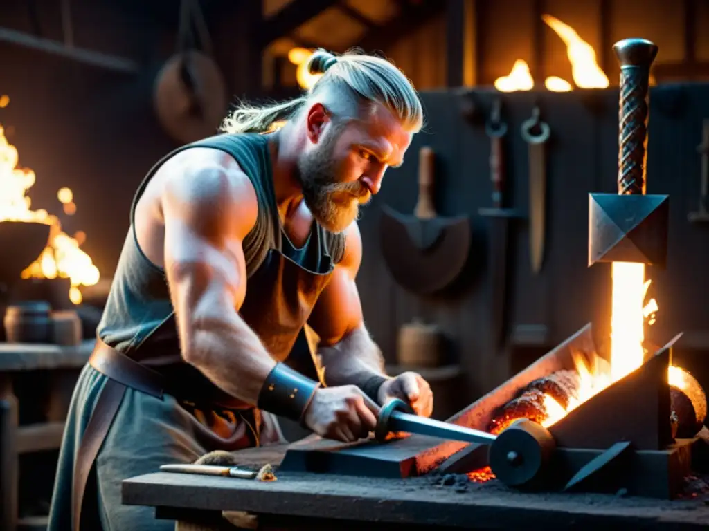 Un herrero vikingo forjando una espada en su taller, resaltando las técnicas ancestrales de metalurgia vikinga