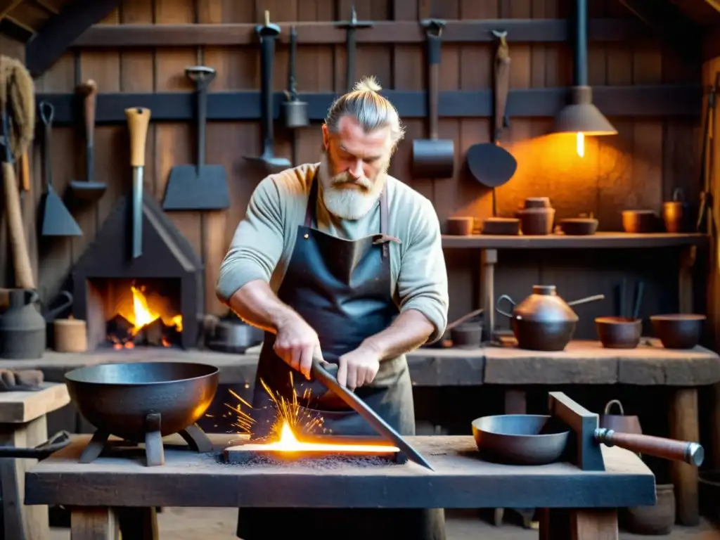 Un herrero vikingo experto forja decoraciones con herramientas tradicionales en su taller rústico