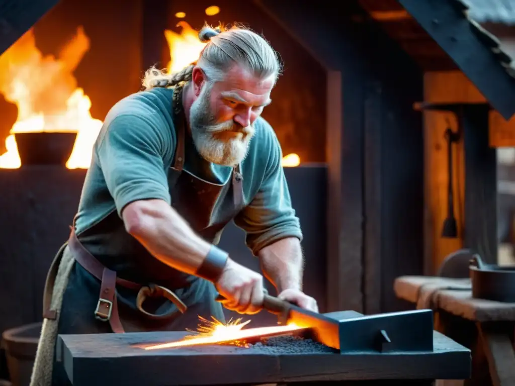 Un herrero vikingo forja acero incandescente en forja iluminada por llamas, destacando técnicas metalurgia vikinga forja