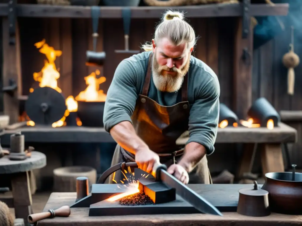 Un herrero vikingo forja acero con técnicas metalurgia vikinga en taller rústico