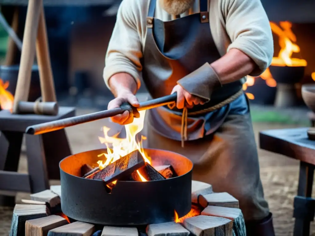 Un herrero vikingo forja utensilios de cocina en su fragua, con chispas volando y metalurgia en la cocina vikinga