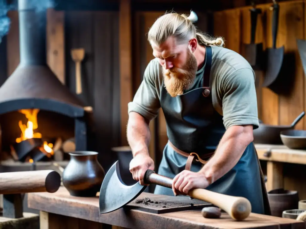 Un herrero vikingo forja un hacha nórdica rodeado de herramientas y utensilios, creando autenticidad en su taller rústico