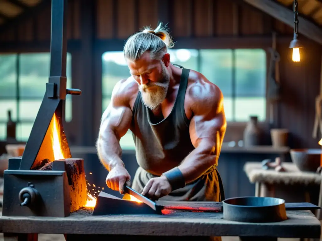 Un herrero vikingo forja una herramienta agrícola en su taller iluminado por la fragua