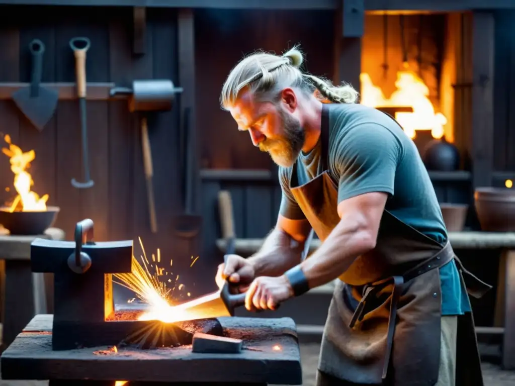 Un herrero vikingo forja una herramienta en su taller ahumado