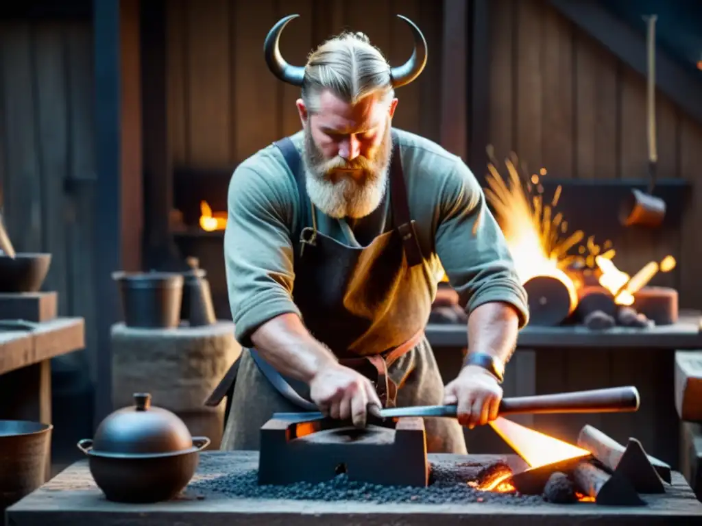 Un herrero vikingo forjando herramientas con destreza en una fragua iluminada por brasas ardientes, mostrando la artesanía europea