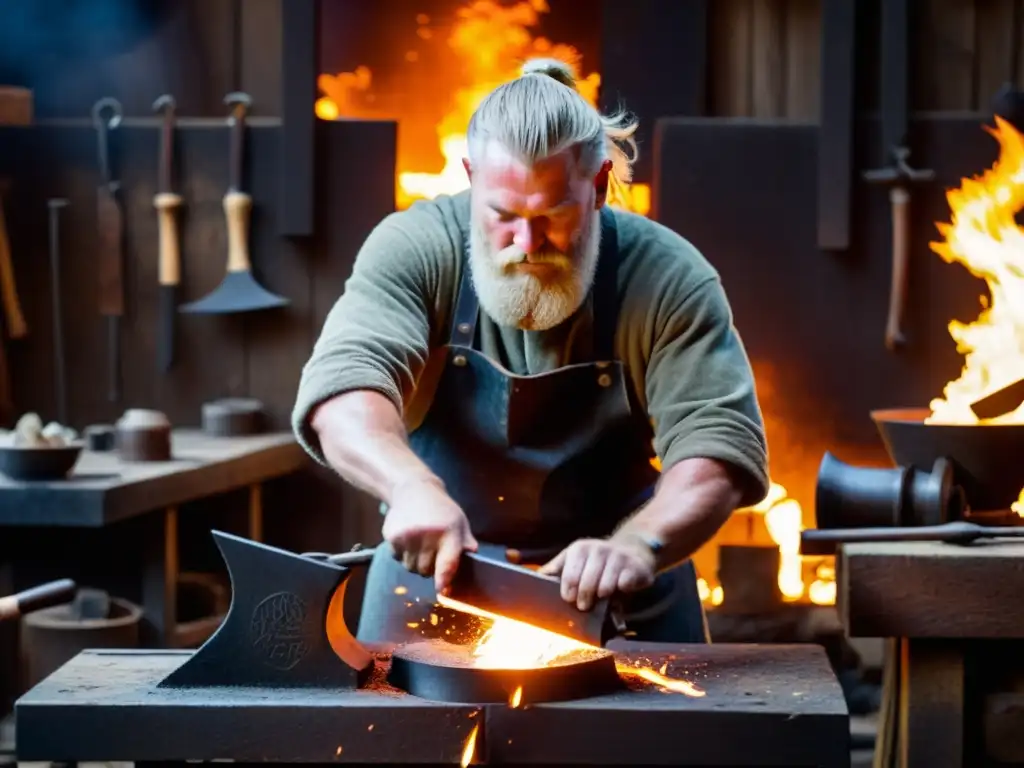 Un herrero vikingo forjando con intensidad en un taller iluminado por llamas y chispas