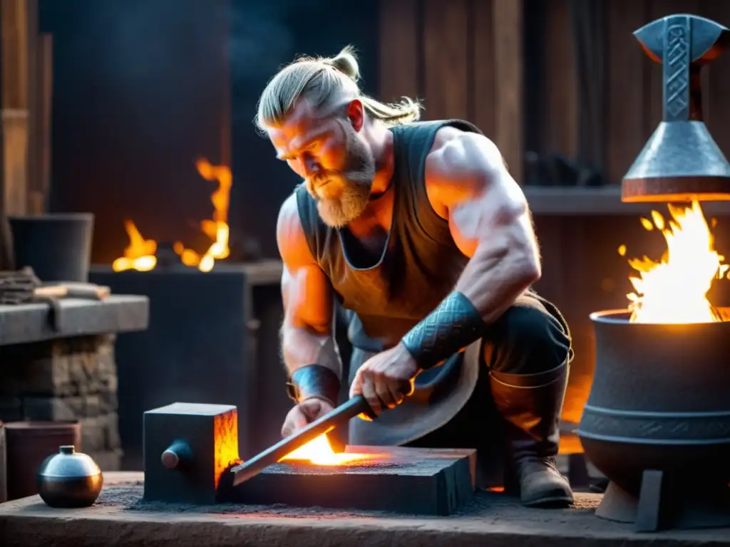 Forja épica: el herrero vikingo forja Mjolnir con destreza Un herrero vikingo forja el Martillo de Thor en una fragua, destacando la artesanía y poder de esta icónica arma en la cultura vikinga