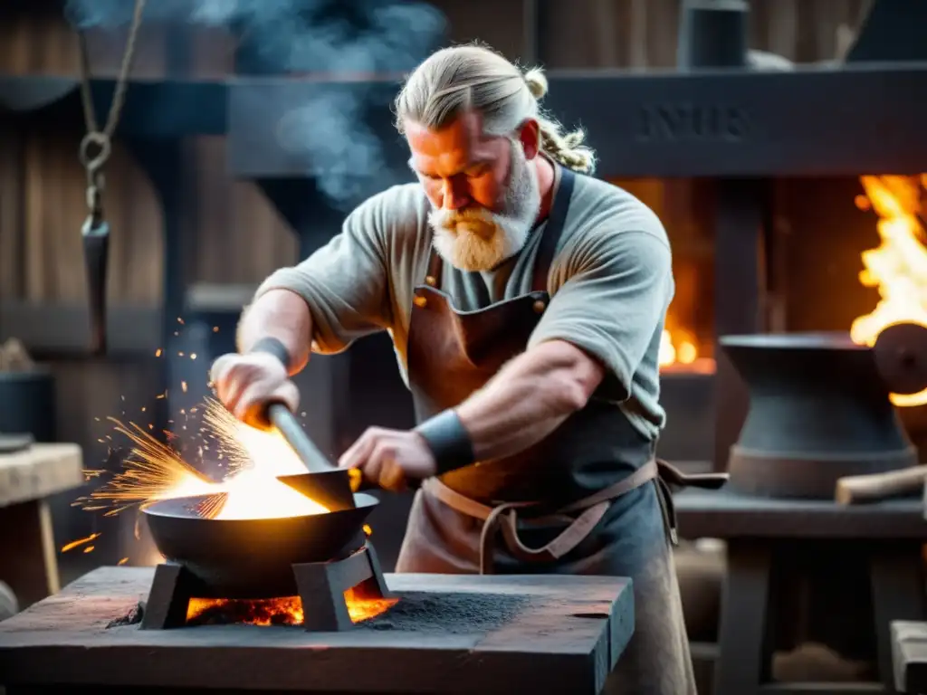 Un herrero vikingo forjando metal en una fragua oscura, rodeado de humo y brasas incandescentes