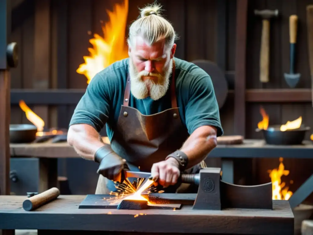 Un herrero vikingo forjando metal al rojo vivo en un yunque, rodeado de herramientas y metalurgia artesanal vikinga