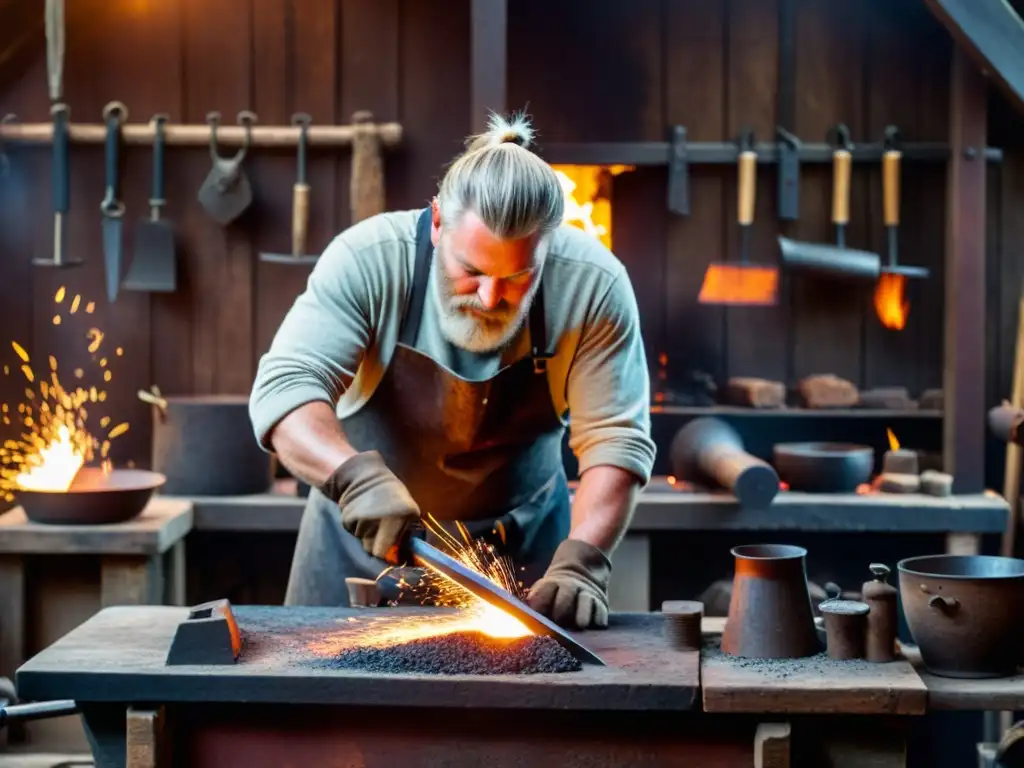 Un herrero vikingo forja metal en un taller ancestral