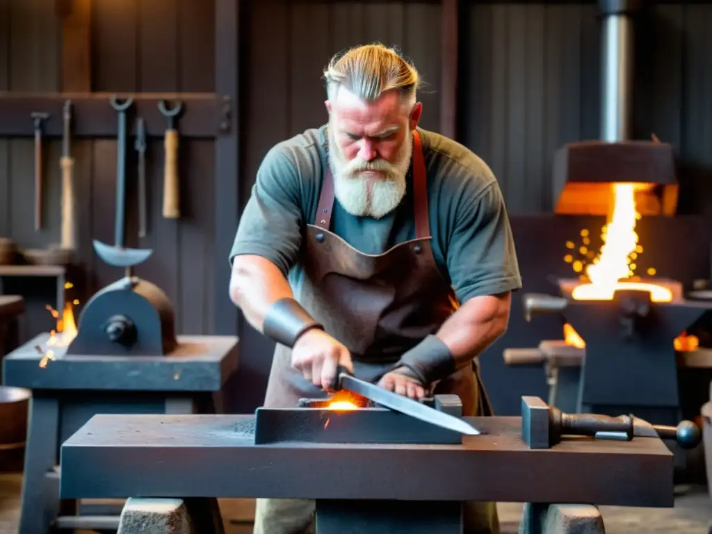 Un herrero vikingo moderno forja con destreza, rodeado de herramientas y chispas, en un taller rústico