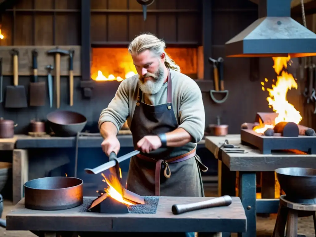 Un herrero vikingo moderno creando herramientas con técnicas ancestrales en un taller vibrante