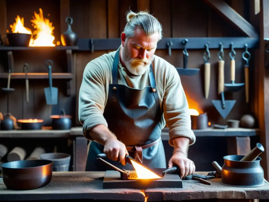 Un herrero vikingo moderno forja con herramientas vikingas en su taller rústico iluminado por antorchas