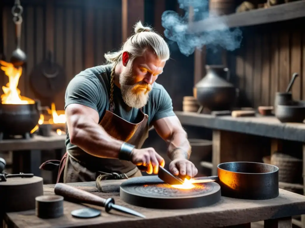 Un herrero vikingo acuña una moneda de plata con un dragón en su taller iluminado débilmente