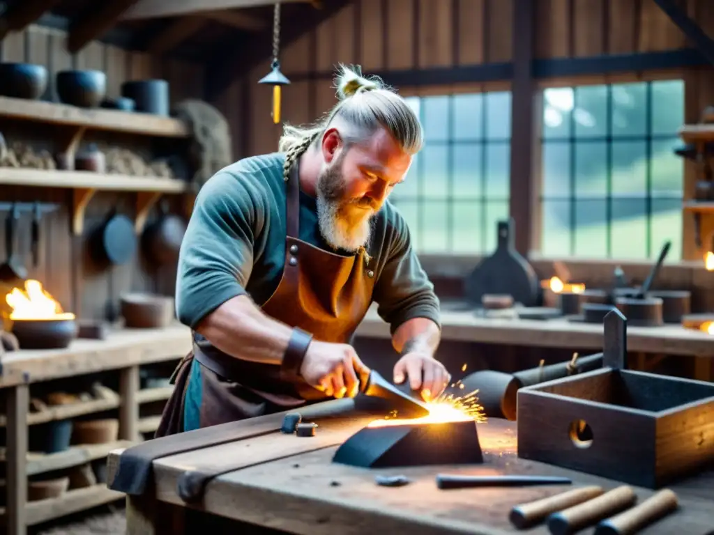 Un herrero vikingo elaborando joyería en su taller, con chispas volando