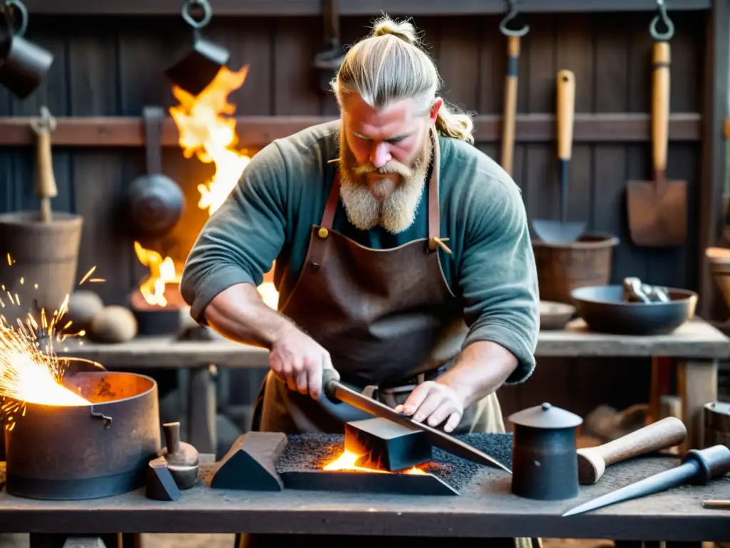 Un herrero vikingo en su taller, forjando con destreza entre chispas y herramientas