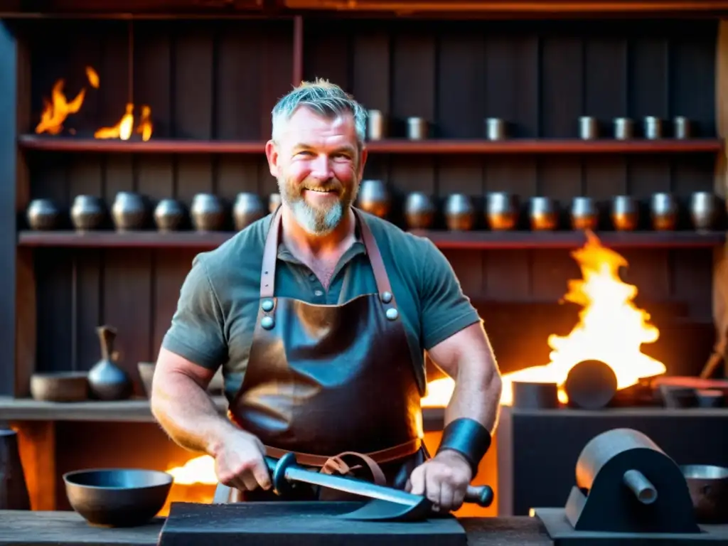 Un herrero vikingo forja con pasión en un taller iluminado por chispas y fuego, mostrando la esencia de la metalurgia estilo vikingo