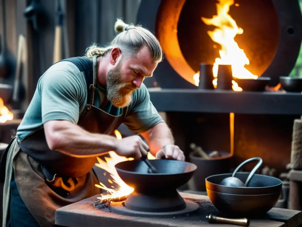 Un herrero vikingo forja un torques con diseños detallados en su taller iluminado por el fuego