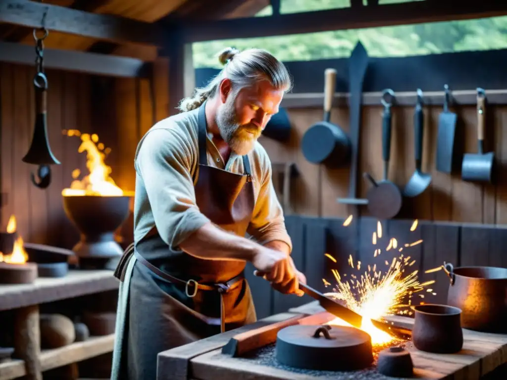 Un herrero vikingo forjando utensilios de cocina con intensa artesanía en un taller ancestral