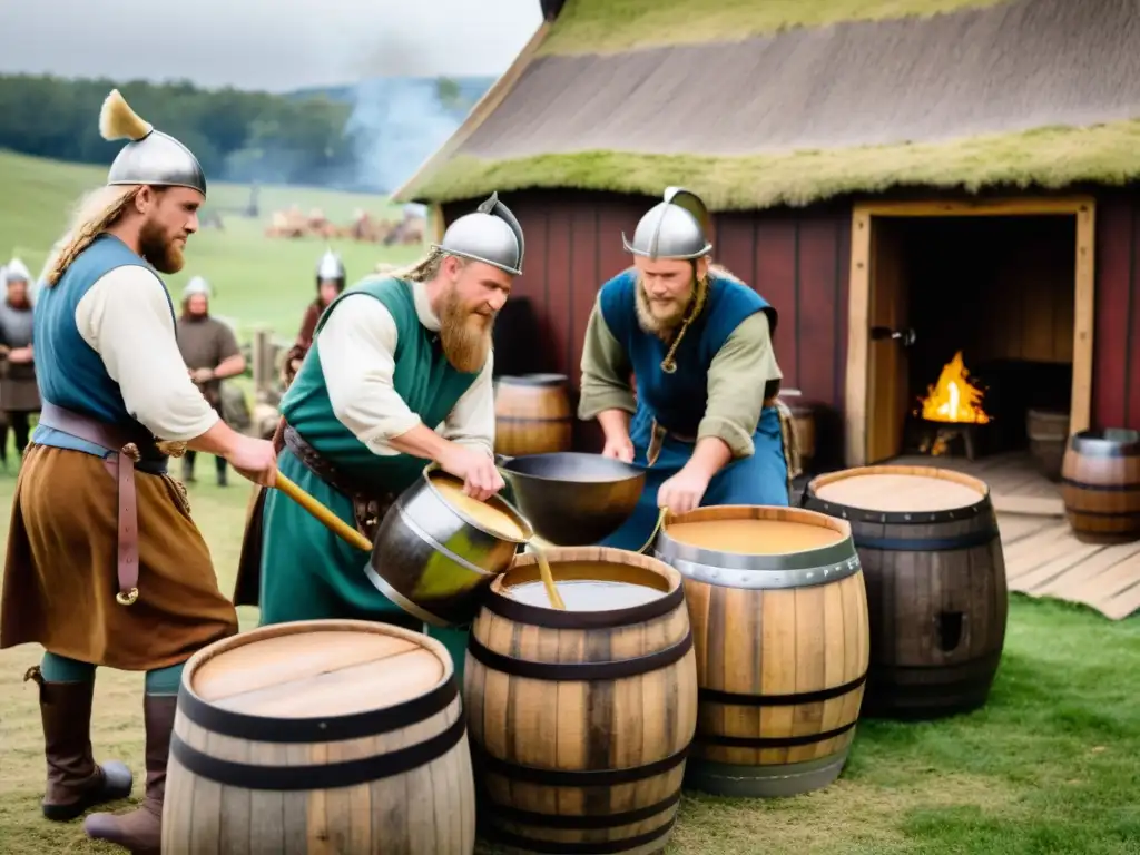 Producción de hidromiel vikingo en barriles de madera, reenactores vikingos mezclando miel y agua en un ambiente rústico con una casa vikinga al fondo