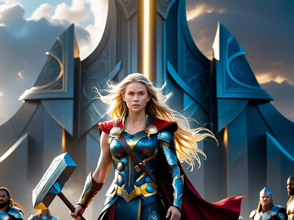 Thrud, hija de Thor, irradia poder en Asgard con su martillo, rodeada de guerreros y la majestuosidad del reino