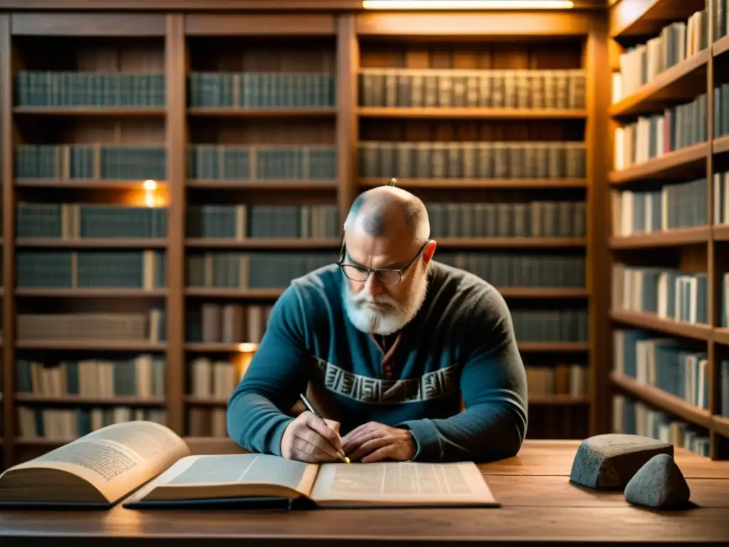 Estudio meticuloso de inscripciones rúnicas en una biblioteca Un historiador estudia inscripciones rúnicas nórdicas en una biblioteca, transmitiendo misterio y dedicación académica