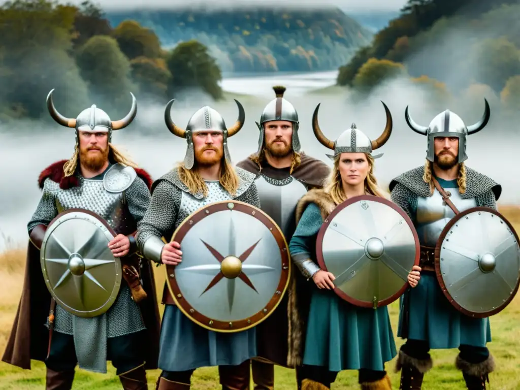 Reconstrucción histórica armamento vikingo: Guerreros vikingos en armaduras y armas, en un paisaje brumoso y boscoso