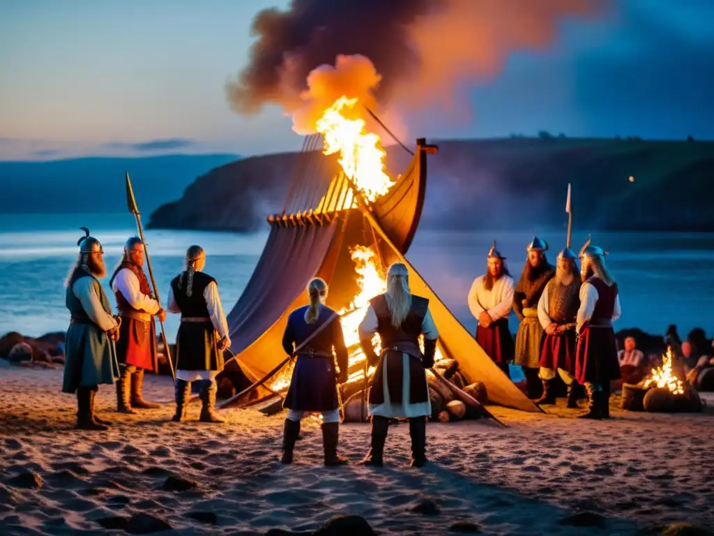 Reconstrucción histórica festivales vikingos: Grupo de reenactores vikingos alrededor de una fogata al anochecer, con barco vikingo al fondo