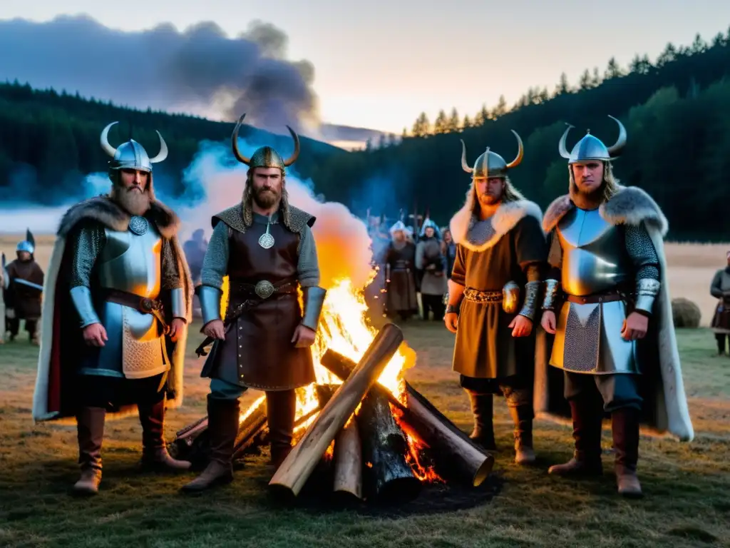 Reconstrucción histórica de festivales vikingos: Guerreros vikingos alrededor de una hoguera, con vestimenta detallada y bosque brumoso de fondo