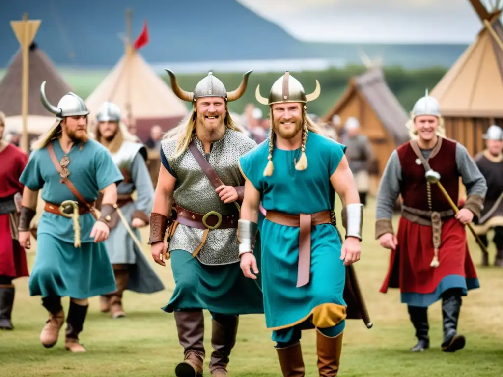 Una recreación histórica de festivales vikingos con participantes en trajes detallados, inmersos en actividades tradicionales