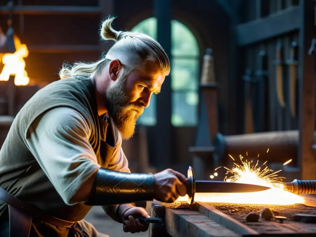 Reconstrucción histórica armamento vikingo: Artesanos forjando una espada vikinga con técnicas tradicionales en taller iluminado por la fragua