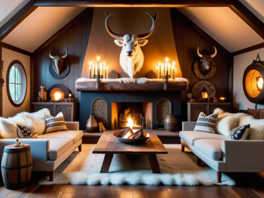 Un hogar acogedor ambientado en la decoración estilo nórdico vikinga, con un cálido fuego central y detalles inspirados en los vikingos