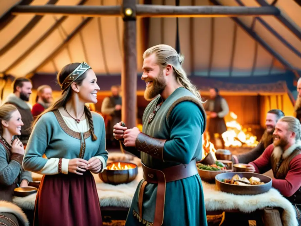 Un hogar vikingo iluminado por el fuego, colores vibrantes y parejas compartiendo un momento íntimo