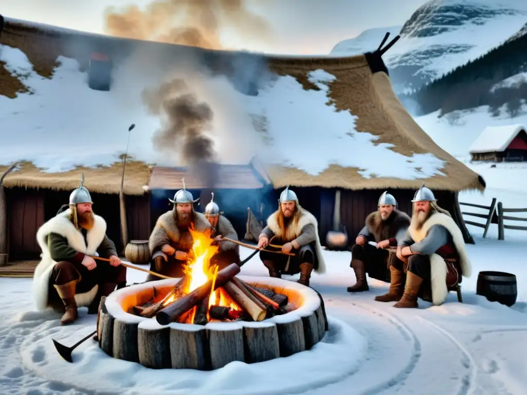 Un hogar vikingo en la nieve: guerreros preparan salchichas nórdicas sobre fuego