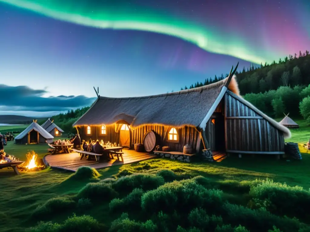 Un hogar vikingo rodeado de naturaleza, con luces del norte y gente preparando sabores nórdicos en la cocina