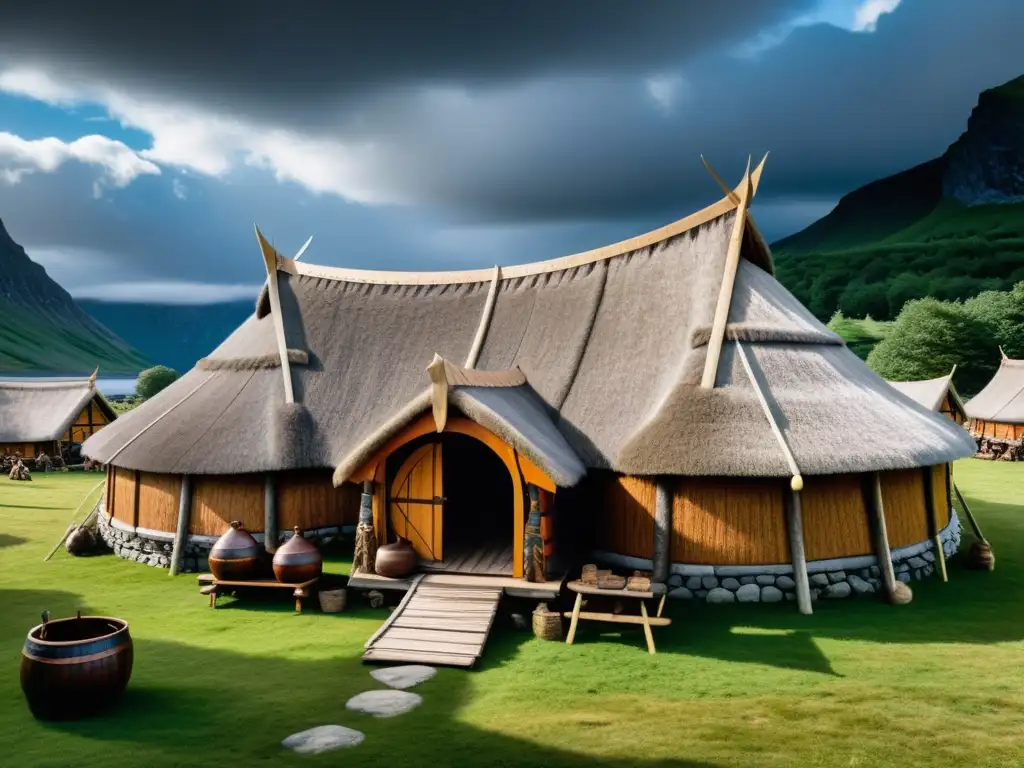 Hoteles inspirados en la era vikinga: detallada recreación de un majestuoso hogar vikingo con artesanía en madera y paisaje nórdico