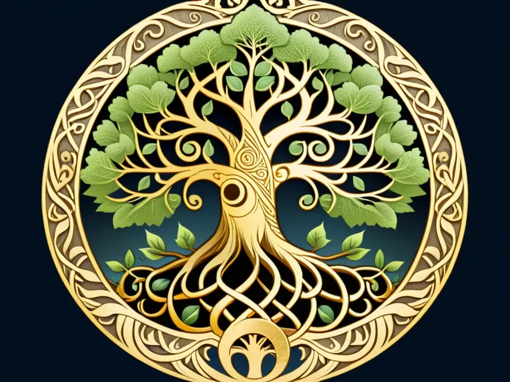 Una ilustración detallada de Yggdrasil, el Árbol del Mundo de la mitología nórdica, con criaturas talladas y seres míticos