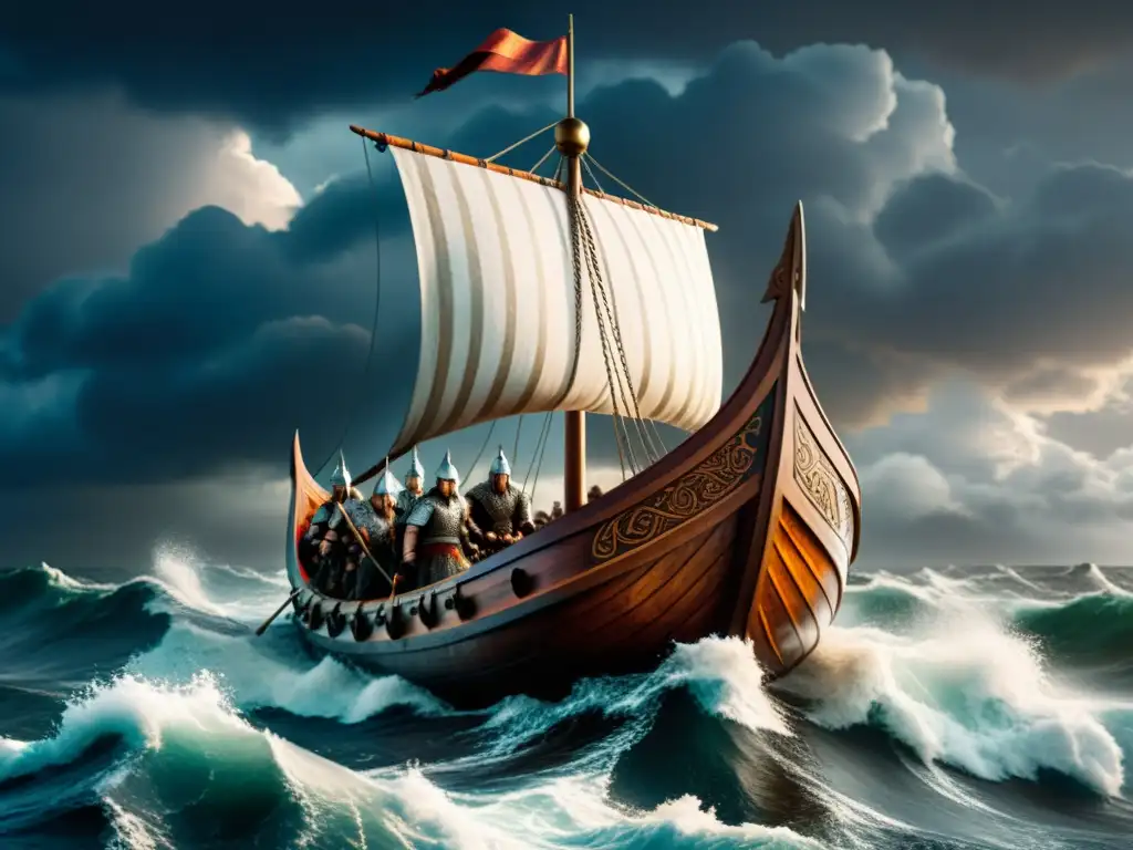 Una ilustración detallada de un barco vikingo navegando en mares tormentosos, con guerreros feroces a bordo, muestra el poder de los vikingos