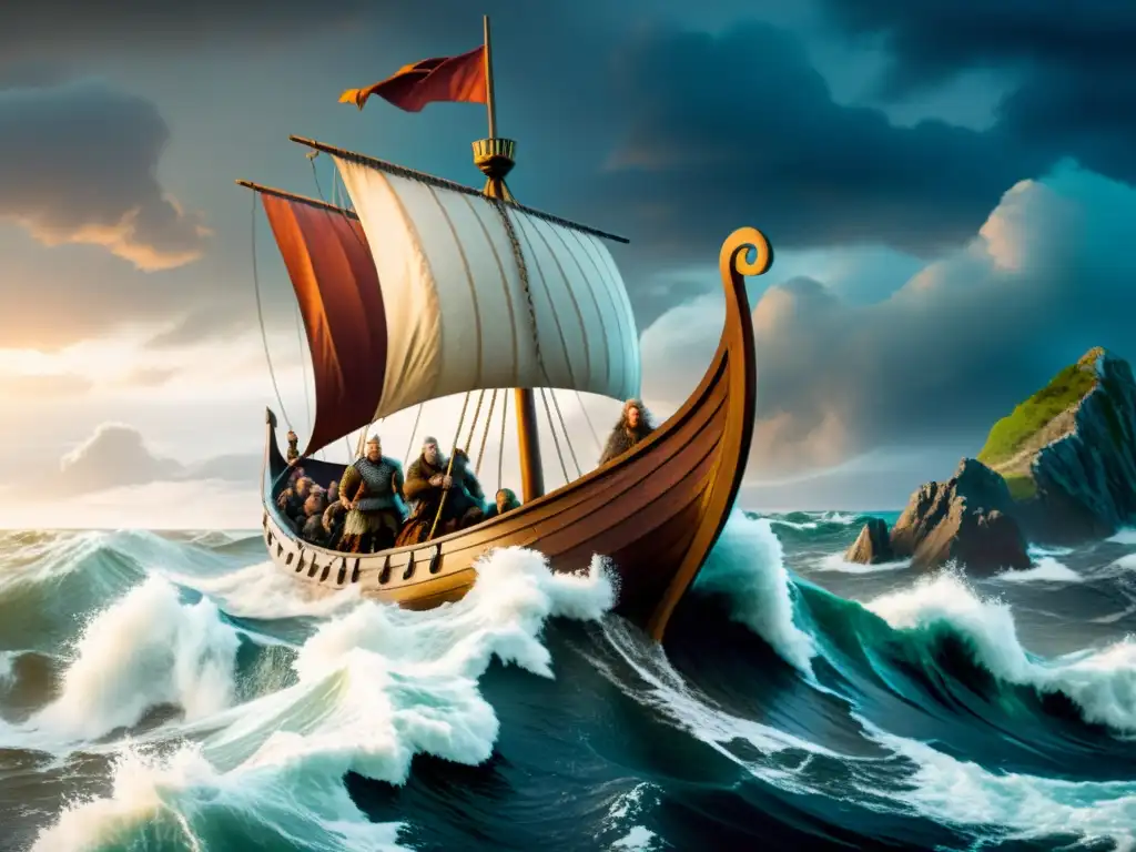 Una ilustración detallada de un barco vikingo navegando en mares turbulentos hacia la costa de América, con vikingos preparados para la aventura