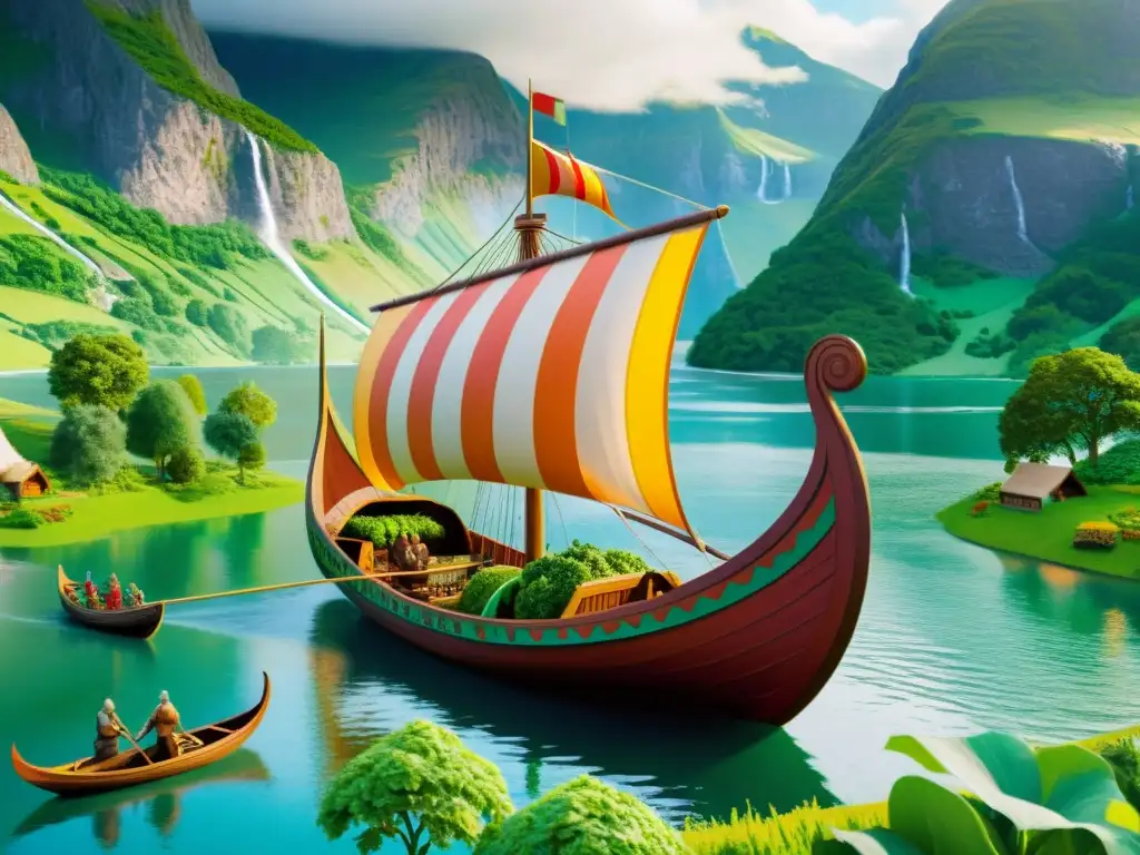 Una ilustración detallada de un barco vikingo navegando por un fiordo, rodeado de exuberantes paisajes verdes