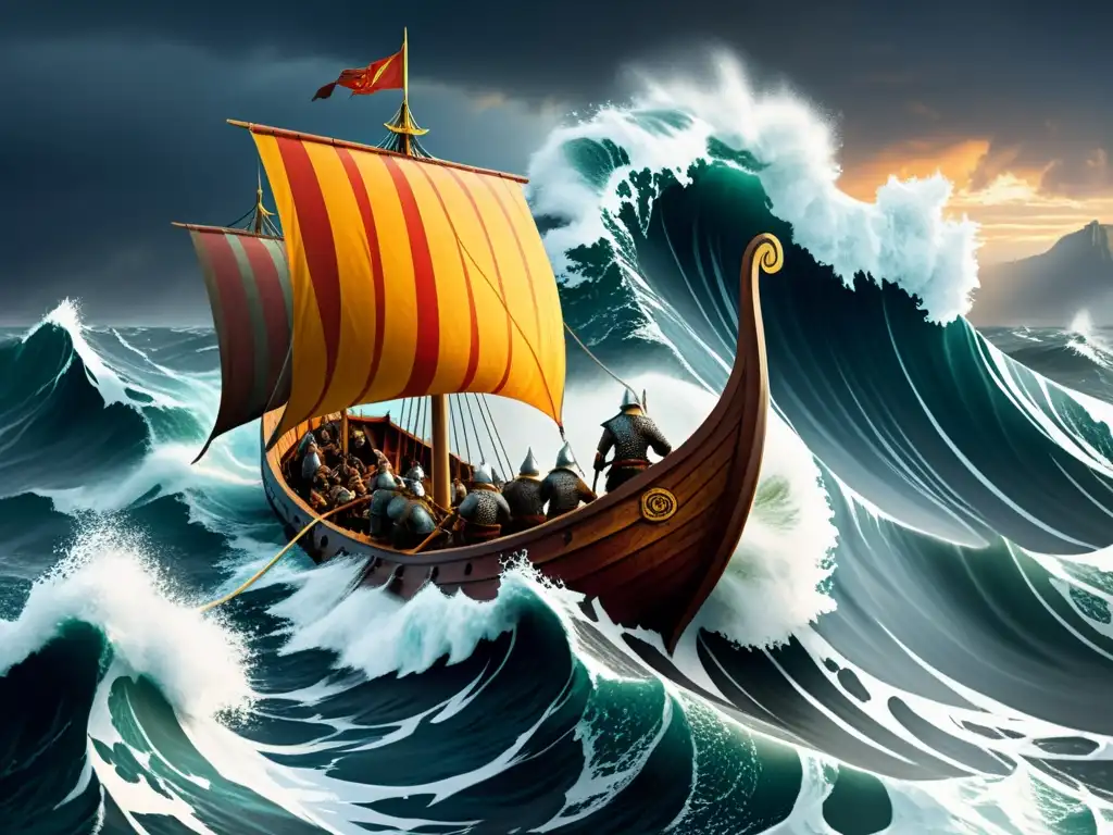 Una ilustración detallada de un barco vikingo navegando en mares turbulentos, con una tripulación de guerreros ferozmente remando