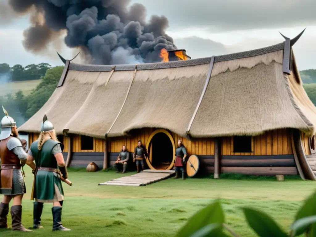 Vikingos en negociaciones: alianzas estratégicas en la era vikinga Una ilustración detallada de una casa vikinga en un paisaje verde, con tallados en madera y humo saliendo de la chimenea
