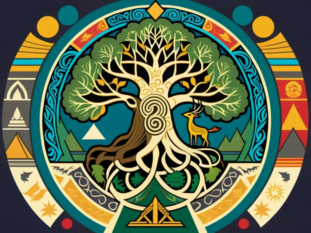 Una ilustración detallada y compleja que muestra las mitologías nórdica y azteca en comparativa, con Yggdrasil y dioses creando el universo