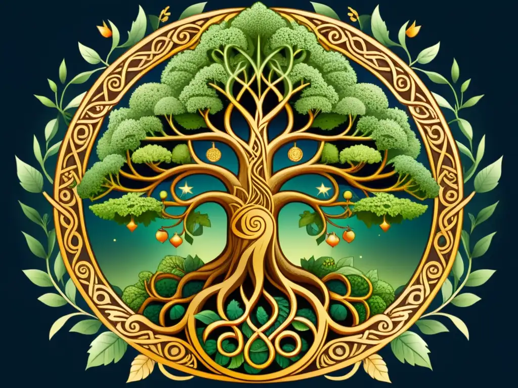 Una ilustración detallada de Yggdrasil en la cosmovisión contemporánea, mostrando sus nueve mundos y criaturas mitológicas nórdicas