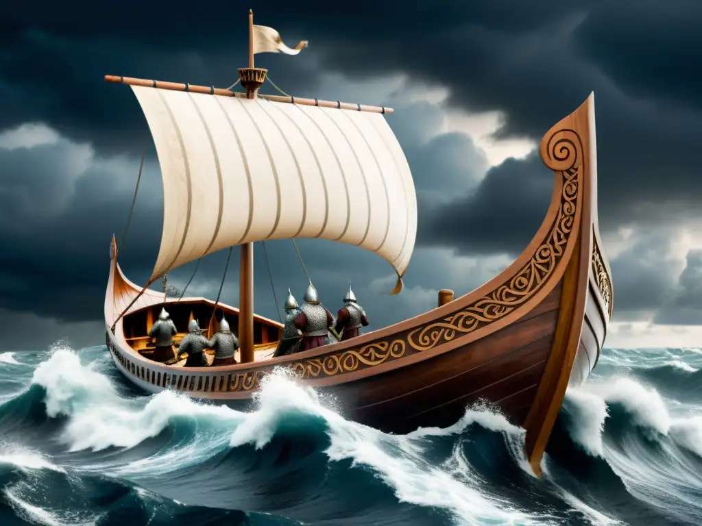 Una ilustración detallada de un drakkar vikingo navegando en mares agitados, destacando las innovaciones técnicas en construcción naval vikinga