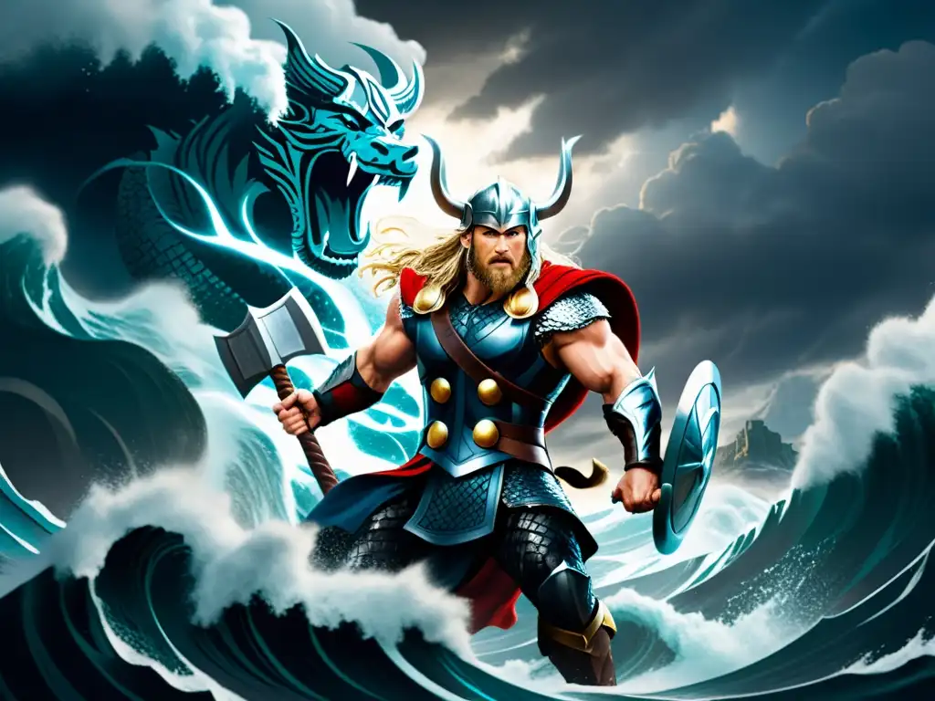 Una ilustración detallada de una feroz batalla de la mitología nórdica, con Thor enfrentando a Jörmungandr en medio de una tormenta