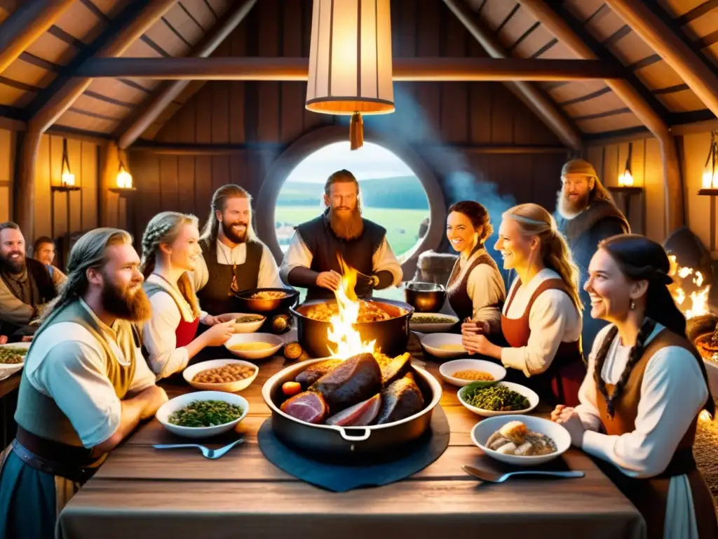 Una ilustración detallada de un gran banquete vikingo en un salón con platos nórdicos tradicionales