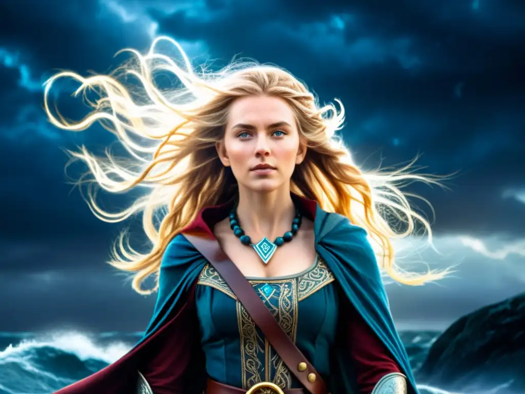 Hechicera nórdica Gullveig: misterio y magia vikinga Una ilustración detallada de Gullveig, hechicera nórdica, rodeada de energías místicas, con un bastón rúnico